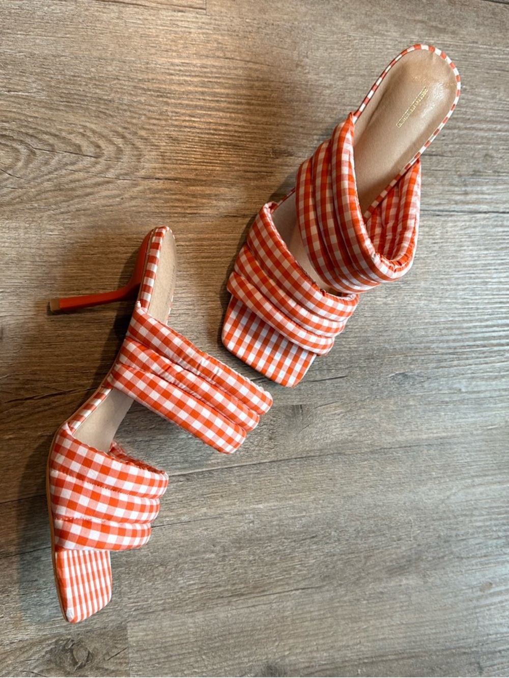 PrettyLittleThing Orange Gingham Strappy High Heel Mule